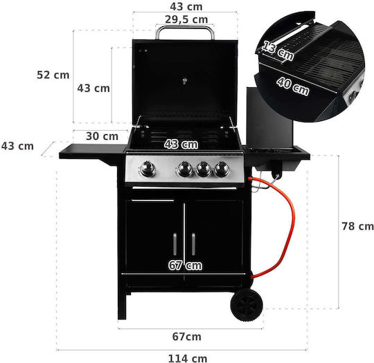 MalTec Grătar pe Gaz 100x26cm cu 3 Plite de Bucătărie 11.6kW și Arzător Lateral