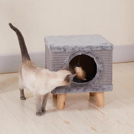 Căsuță pentru Pisici Interior Moale Jucărie Picioare din Lemn 38 x 32 x 32 cm Gri