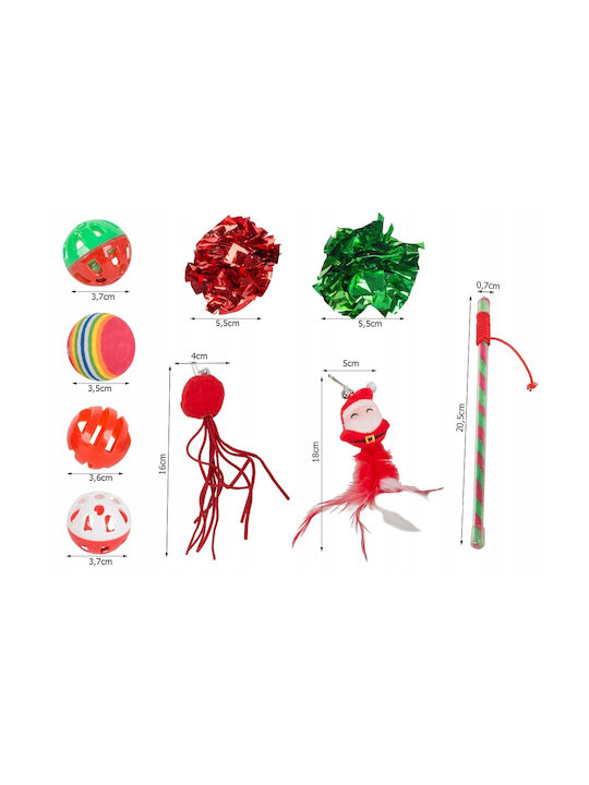 Set 9 Jucării Cadou De Crăciun Pisică 5 Bile Moș Crăciun 2 Fundițe Băț Colorat Multicolor