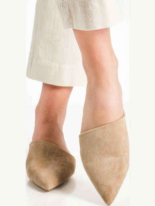 Suede Mules With Low Heel In Beige Colour