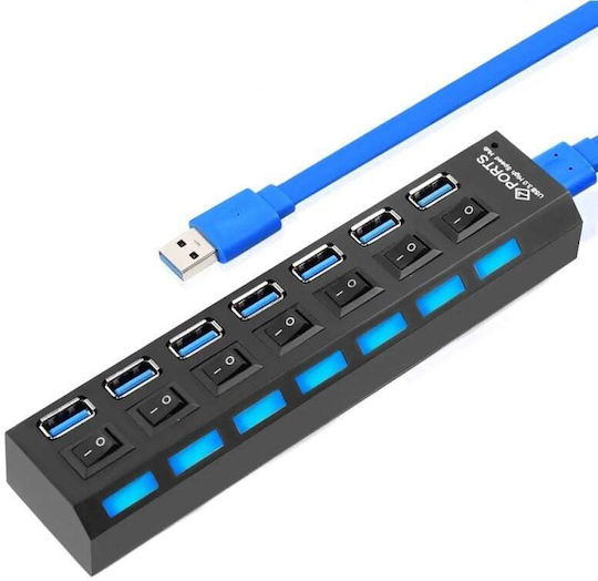 Hub USB 7 Porturi Huba55 1 X USB 3.0 6 X USB 2.0 Alimentare Indicator LED Comutator Independent PC Laptop Desktop Negru