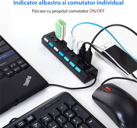 Hub USB 7 Porturi Huba55 1 X USB 3.0 6 X USB 2.0 Alimentare Indicator LED Comutator Independent PC Laptop Desktop Negru