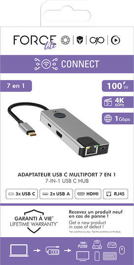 Force Power Multi-port 7-in-1 Usb-c Pd 100w Hub Ethernet Rj45 2 Usb-a 2 Usb-c Hdmi Grey
