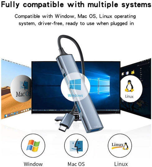4in1 Docking Station Usb-C Zu 1x Usb 3.0 3x Usb 2.0 5gbps Aluminium Yesido Graue