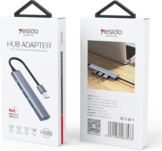 Usb Hub 4 In 1 Usb 3.0 To 1x Usb 3.0 3x Usb 2.0 Aluminum Yesido Gray