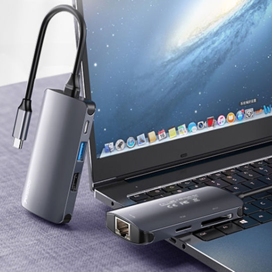 Docking Station Usb-c La Usb 3.0 Sd Tf Rj45 100mbps Pd 80w Aliaj De Aluminiu Yesido Gri