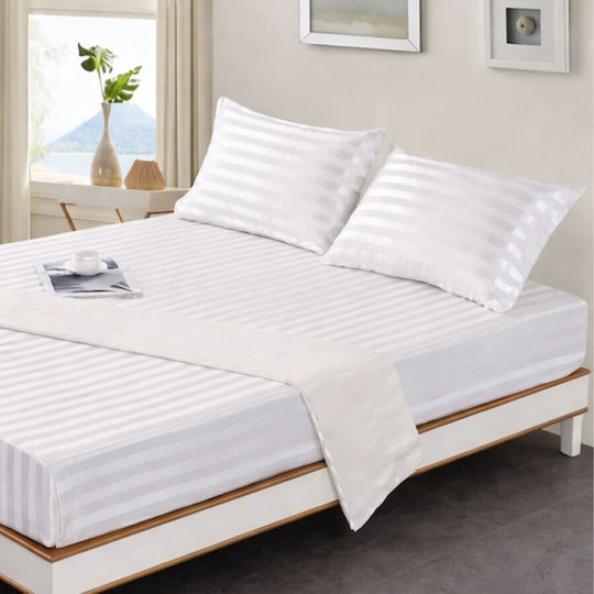 Fitted Bed Sheet 160x200cm Made Hotel Damask 3 Cm Stripe White