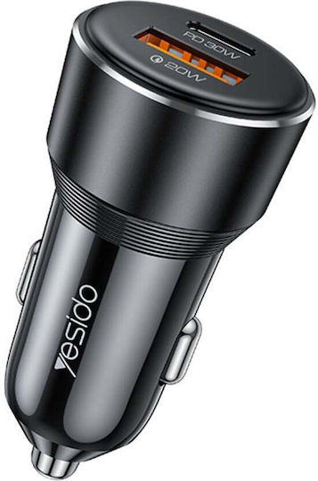 Yesido Încărcător Auto Cu Mufă De Brichetă 30W Încărcare Rapidă Cu Porturi 1xUSB-A 1xType-C Culoare Neagră