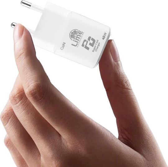 Lime Φορτιστής GaN με Θύρα USB-C και Καλώδιο USB-C - USB-C 45W Power Delivery / Quick Charge 3.0 Λευκός (Super Fast)