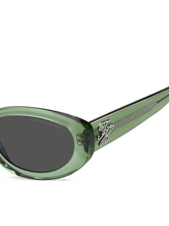 Tommy Hilfiger Women's Sunglasses with Green Horn-Rimmed Frame and Grey Lens