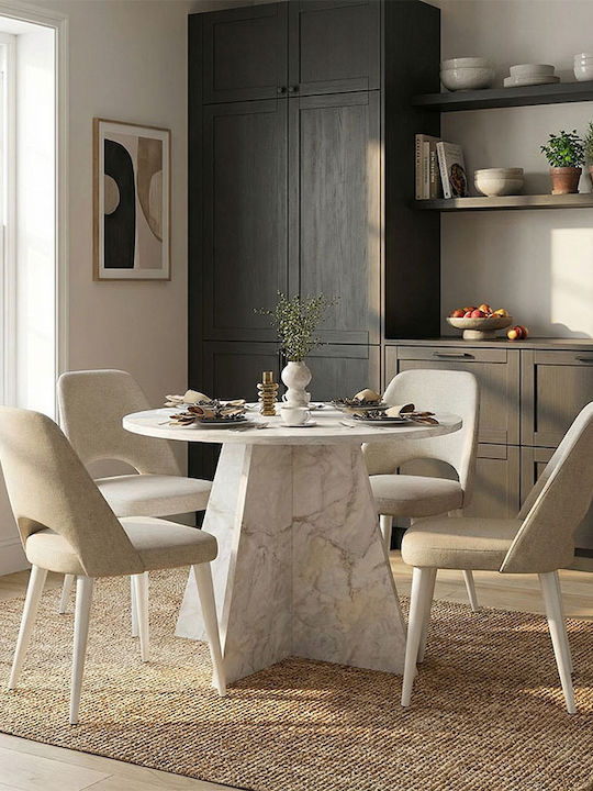 Tailor Round Dining Room Table Wooden White Marble Effect 100x100x75.7cm