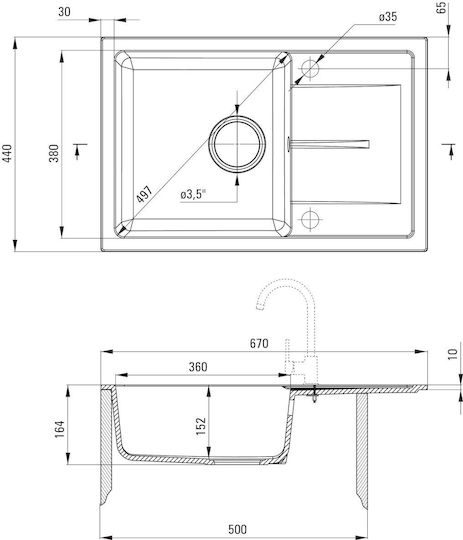 Deante Drop-In Küchenspüle aus Flüssigem Granit mit Wasserhahn M44xP67cm Graues