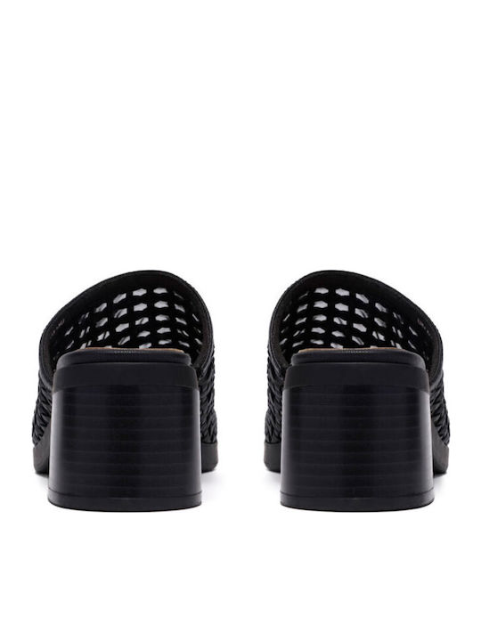 Leather Women's Mules with Chunky Low Heel in Black Color