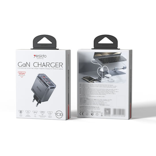 Yesido Încărcător cu Cablu Integrat GaN cu Port USB-A și 2 Porturi USB-C 65W Negru