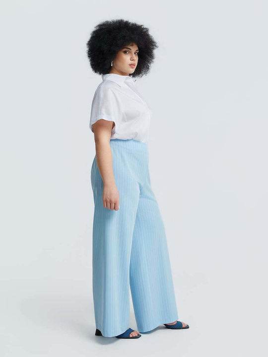 Women's Pantaloons with Rubber Band in Loose Fit Striped Light Blue