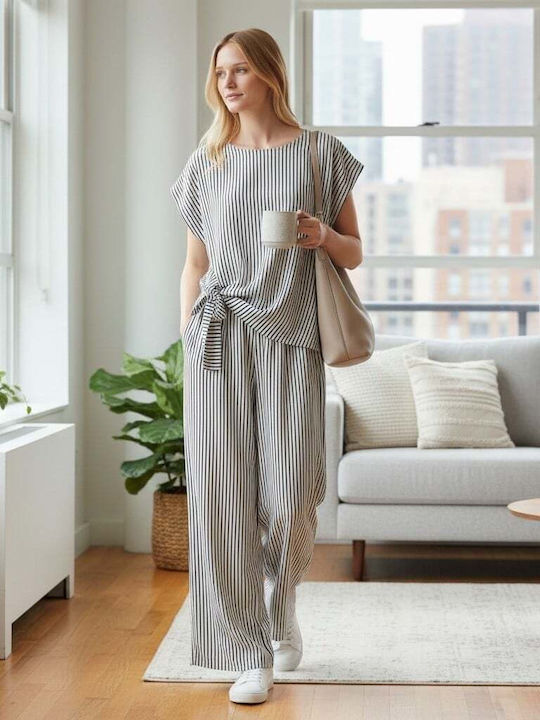 Damen Weißes Set mit gestreiften Hosen