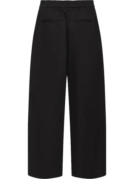 Women's High Rise Fabric Capri Trousers with Rubber Band Black