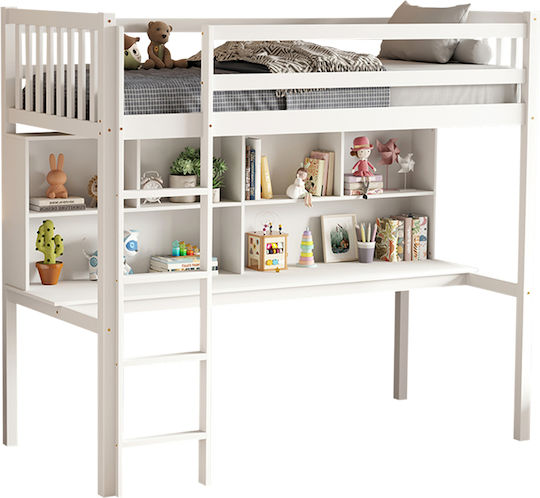 Kinderbett Hochbett Einzeln mit Schreibtisch Beige für Matratze 90x190cm