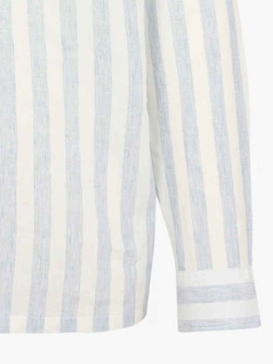 Long Sleeve Linen Shirt in Wide Line Striped Light Blue