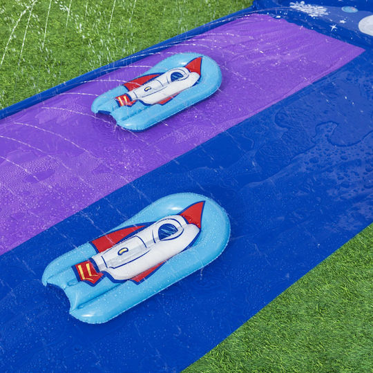 Set Dublu Tobogan de Apă Bestway Tobogan 2 Saltele Gonflabile 488-138 Cm Pvc Tematic Spațial Mov Albastru