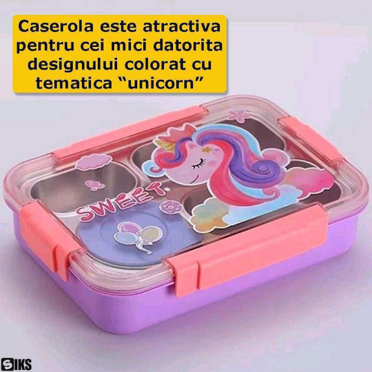 Cutie De Prânz Pentru Copii Inoxidabilă Tematică Unicorni 0,9 Litri Izotermică Violet 26 x 19 x 7 cm