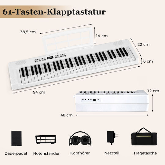 Costway Αρμόνιο MU10136DE-WH με 61 Πλήκτρα με Βάση, Ακουστικά και Αναλόγιο Λευκό