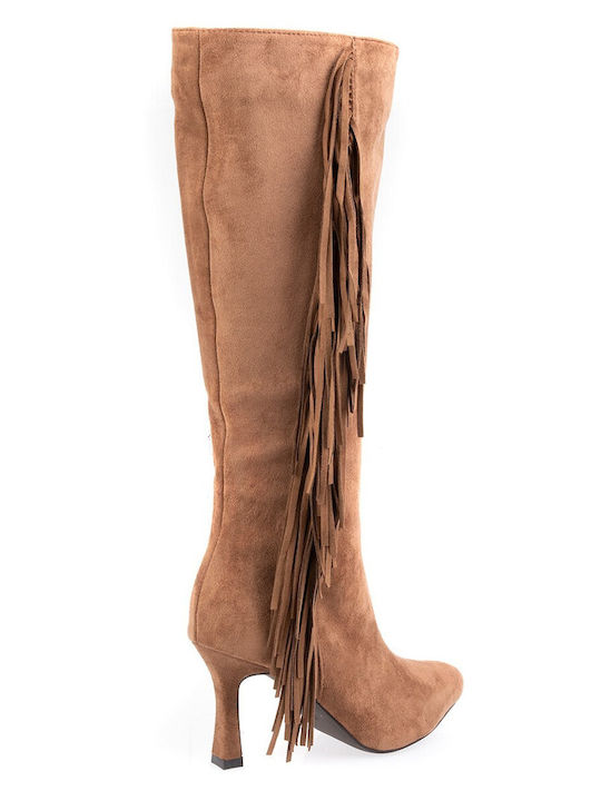 Suede Women's Boots with High Heel Brown
