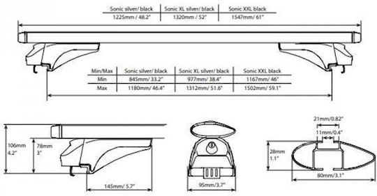 Menabo – Black Aluminum Car Roof Bars Sonic XXL Key Flush Raised Rails Safe Load Transport – 2 Pieces 16760/mb 16760/mb
