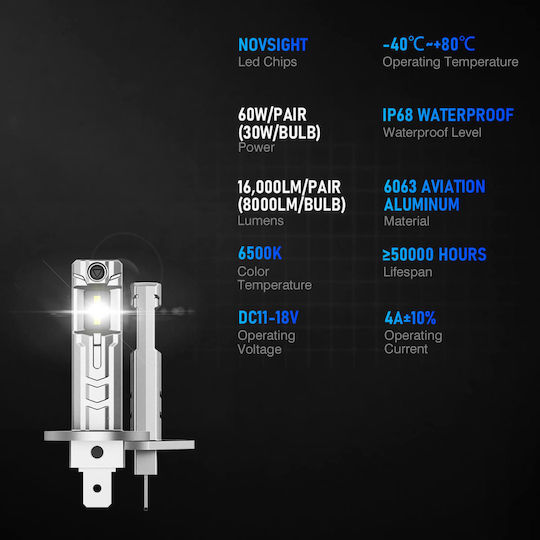 NovSight Крушка за Автомобил и Мотоциклет H1 / T11 Canbus LED 6500K Хладно Бяло 12V 60W