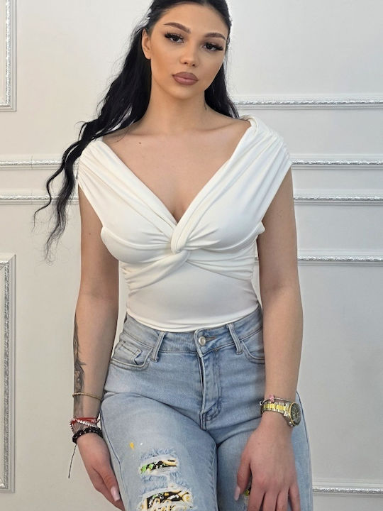 Elegant Regalis Bodysuit Shoulder Draping Fixed Knot White
