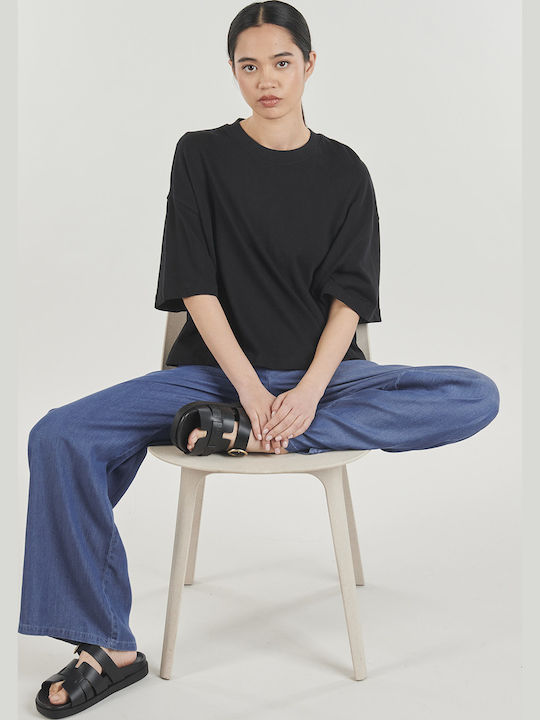 Pantaloni Dama Din Țesătură Cu Pantaloni Evazați Albastru
