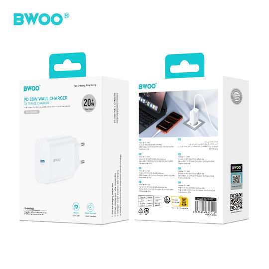 BWOO Wireless Charger with USB-C Port 20W Power Delivery White CDA233