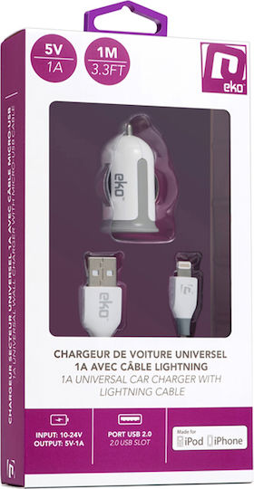 Eko 1a Cigar Lighter Charger Pack 1m Lightning Mfi Cable White