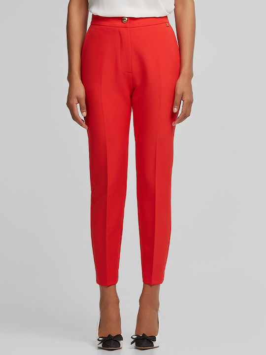 Women's Fabric Trousers with Rubber Band in Slim Fit Red