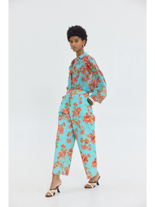Women's High Rise Fabric Trousers with Rubber Band Floral Aqua