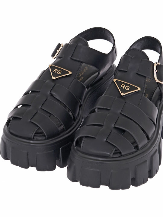 Δερμάτινα Γυναικεία Σανδάλια Flatforms Μαύρα