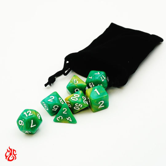 Two-Tone Green Gold Dice Set Pouch Acrylic Dice Set RPG Dungeons & Dragons Pathfinder Wargames