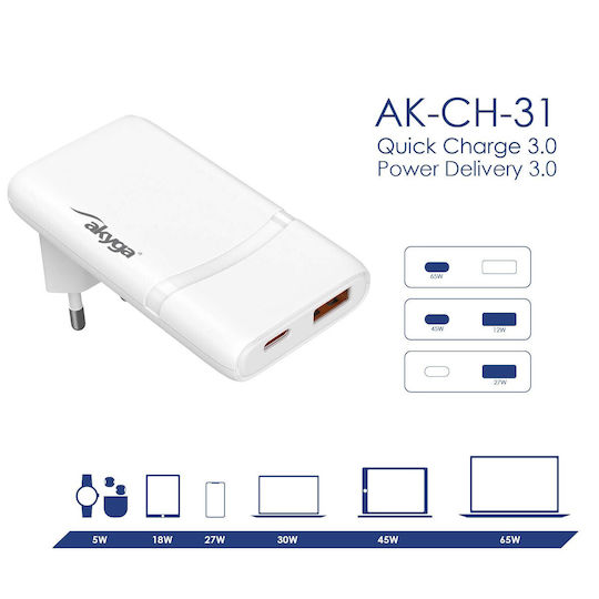 Akyga Mobile Phone Charger Without Cable GaN with USB-A Port and USB-C Port 65W Power Delivery / Quick Charge 3.0 / Quick Charge 4+ White (AK-CH-31)