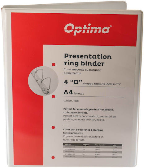 Optima Clasic & Premium Mechanical Binder Pocket Pp Laminated 4 D Rings 25 Mm 40 Mm Spine Optima White