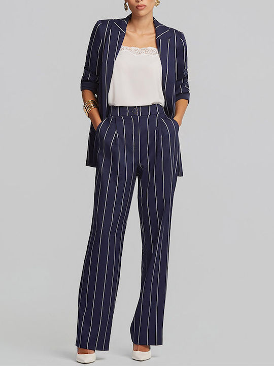 Women's High Rise Fabric Trousers in Straight Leg Striped Blue