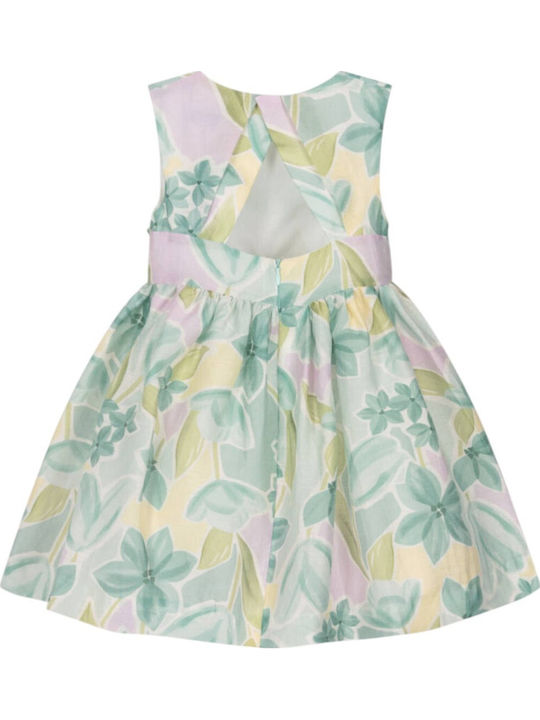 Girls Sleeveless Linen Floral Dress Turquoise