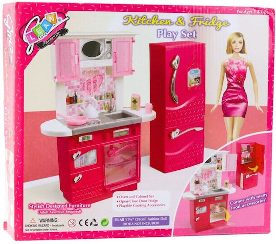 Doll Kitchen Set Refrigerator Oven Accessories Pink
