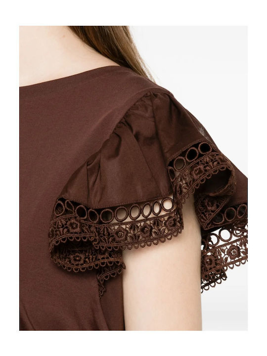 Damen Bluse Baumwolle Kurzärmelig Braune
