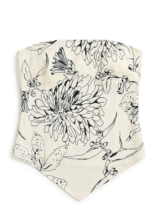 Women's Crop Top Floral Ecru-Black