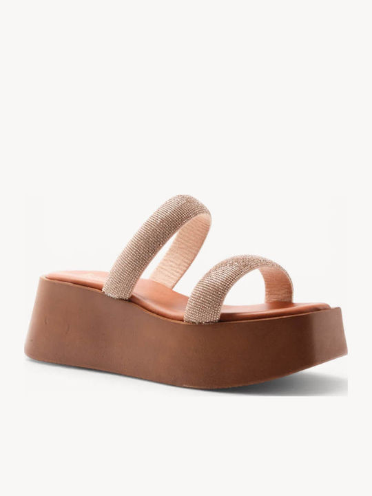 Bronze Flatforms Doppelte Riemen Glitzer