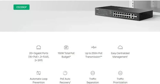 TP-LINK Omada ES220GP Managed PoE+ Switch με 18 Θύρες Gigabit (1Gbps) Ethernet και 2 SFP Θύρες