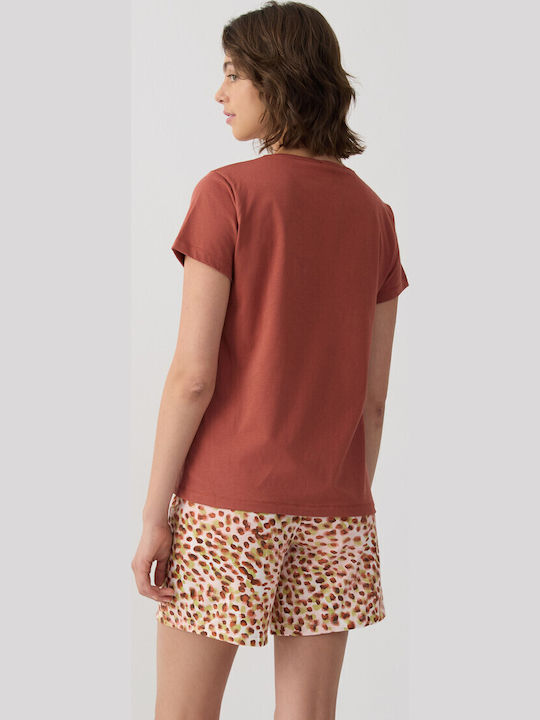 Minerva Summer Women's Cotton Pyjama Set Terracotta Animal