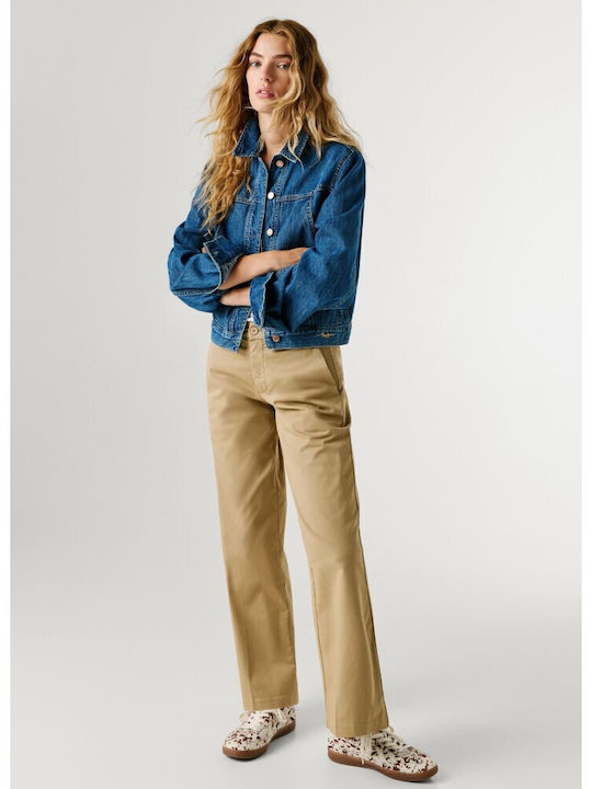 Women's Leather Trousers in Straight Leg Light Beige