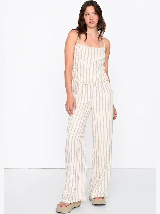 Women's Linen Trousers in Relaxed Fit Striped Beige