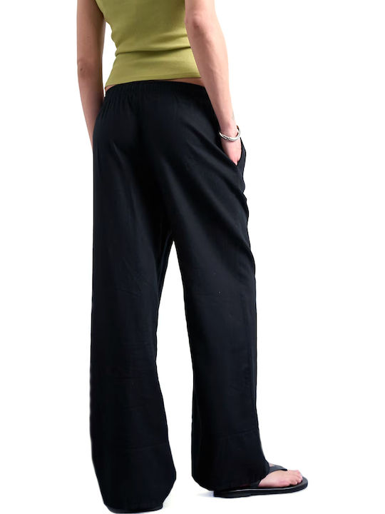 Topshop Women's Linen Trousers with Rubber Band in Straight Leg Style Black Topshop Women's Linen Trousers with Rubber Band in Straight Leg Style Black